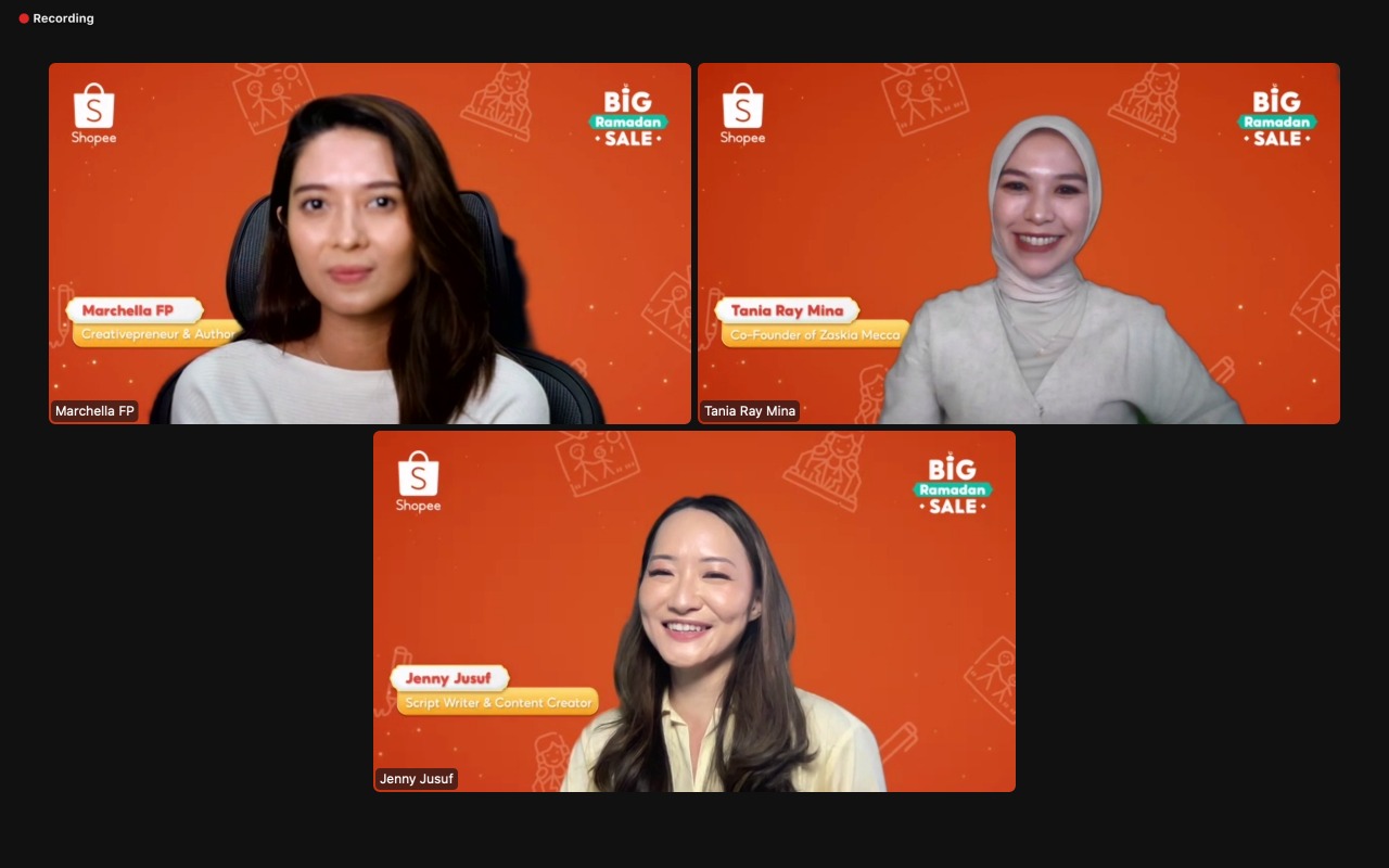 Screenshot Tania Ray Mina (kanan atas) di acara bincang Shopee