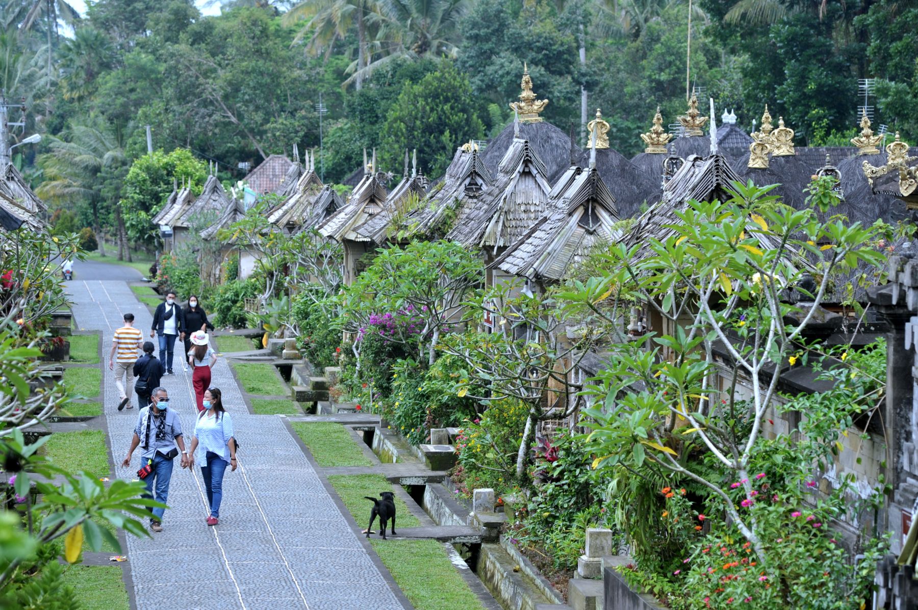 Wisatawan berjalan di sekitar deretan rumah tradisional di Desa Wisata Penglipuran, Bangli, Bali, Jumat (26/2/2021). 