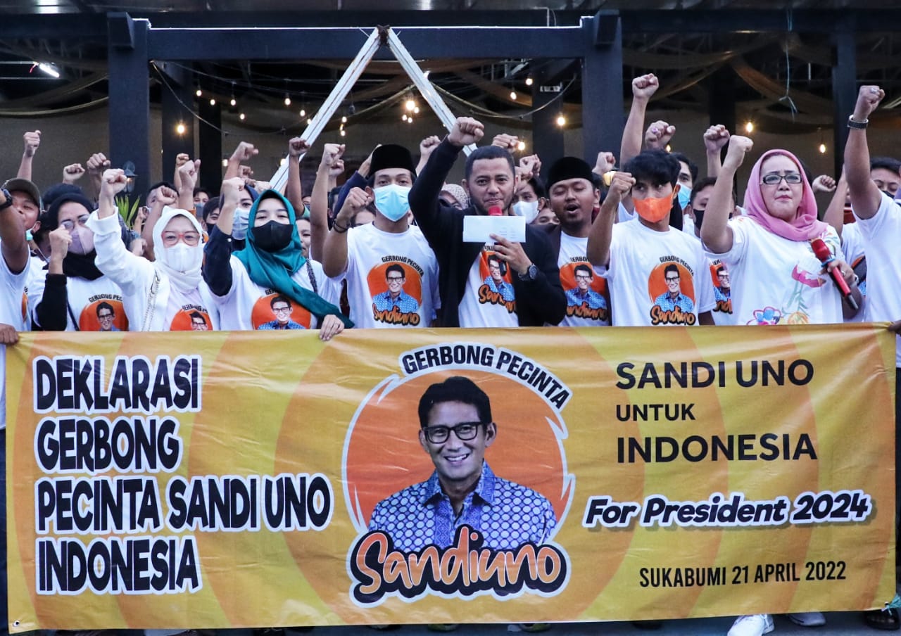 Gerbong Pecinta Sandiuno (GPS) di Sukabumi, Jawa Barat nyatakan dukungan agar Sandiaga Uno maju di Pilpres 2024.