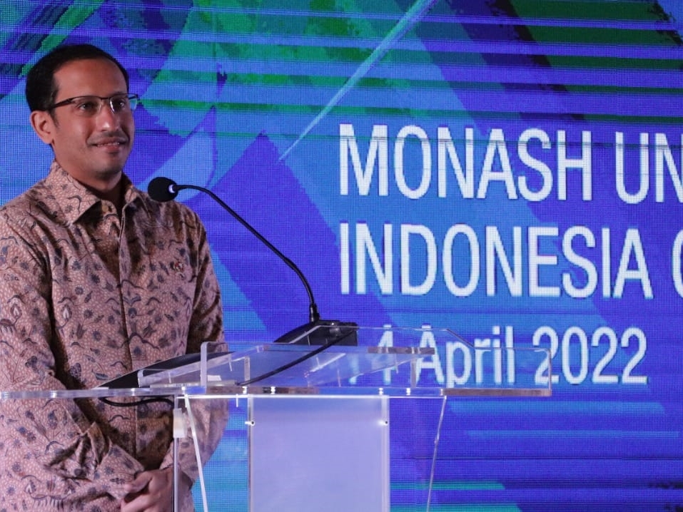 Mendikbud-Ristek Nadiem Makarim pada peresmian kampus Monash University di gedung Green Office Park 9, BSD Green Office Park BSD City.