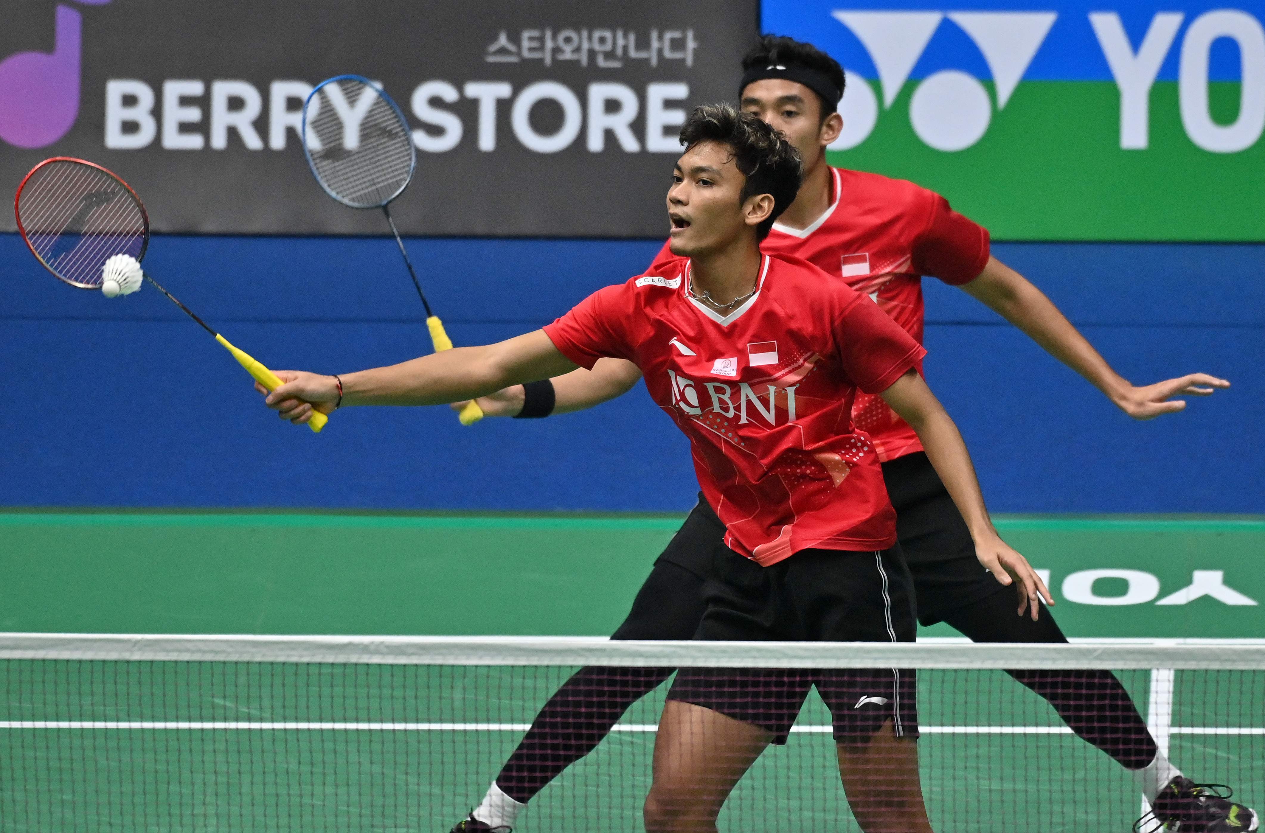 Ganda putra Indonesia, Muhammad Fikri/Bagas Maulana, saat berlaga di Korea Terbuka.