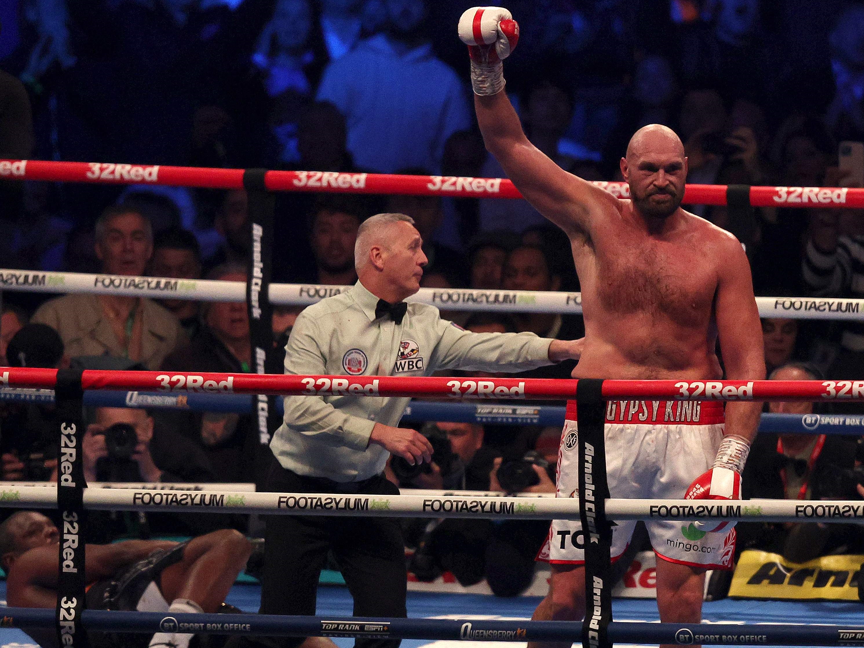 Petinju Inggris Tyson Fury (kanan) merayakan setelah mengalahkan petinju Inggris Dillian Whyte di ronde keenam.