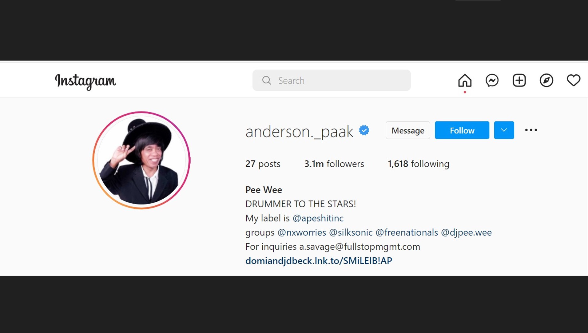 Foto profil yang ditampilkan Anderson .Paak di Instagramnya.