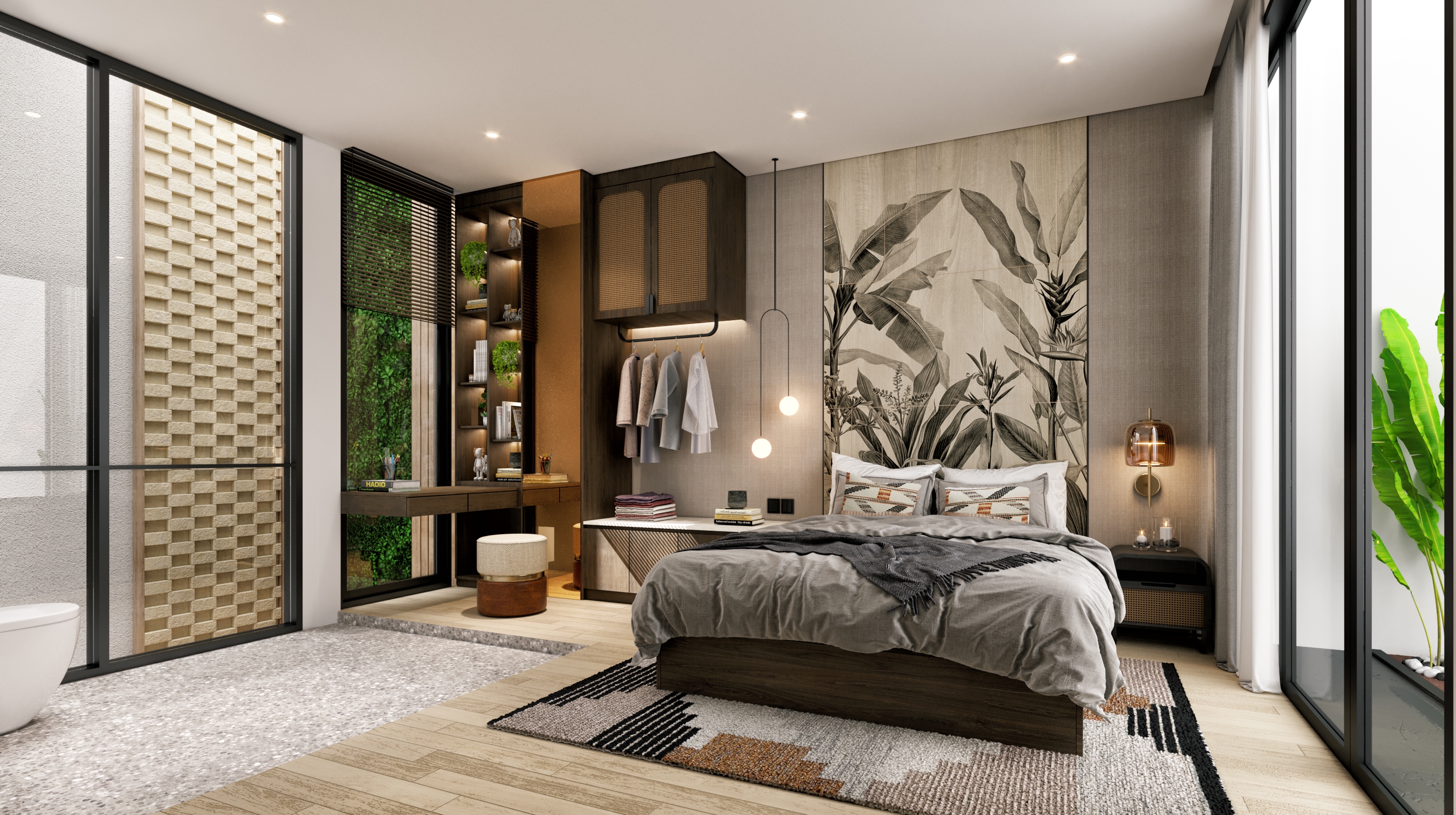 Desain interior Yarra Cluster di Anwa Residence Puri yang mengusung konsep tropis