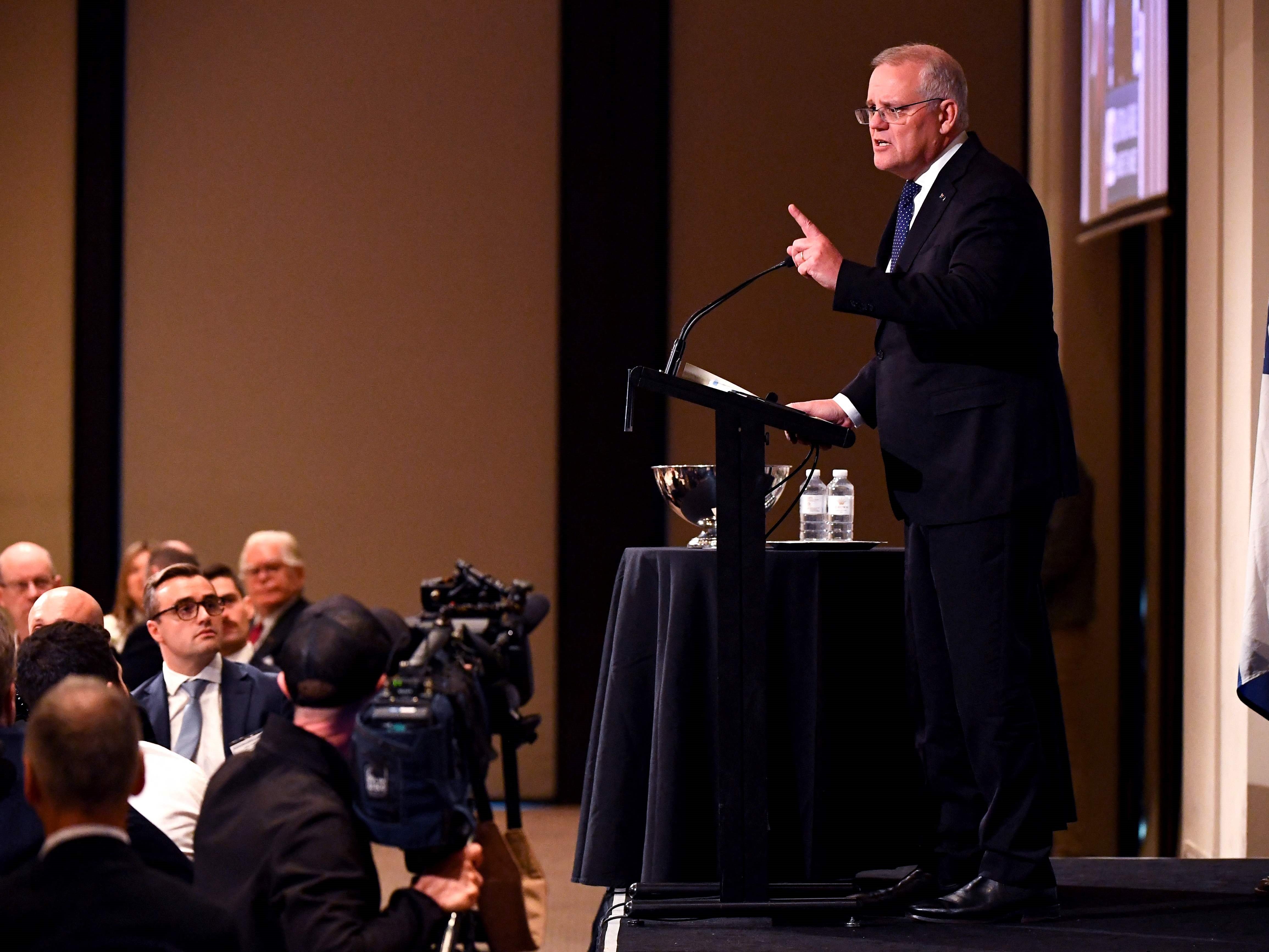 PM Australia Scott Morrison berbicara di makan siang Kamar Dagang Australia-Israel saat ia berkampanye di Melbourne pada 18 Mei 2022.