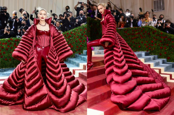 Model Gigi Hadid dalam balutan busana dari Versace di Met Gala 2022 