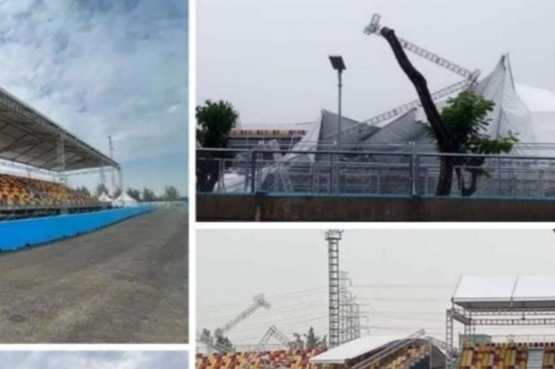 Tangkapan layar - Atap untuk panggung penonton kategori grandstand yang ambruk di Sirkuit Formula E Jakarta