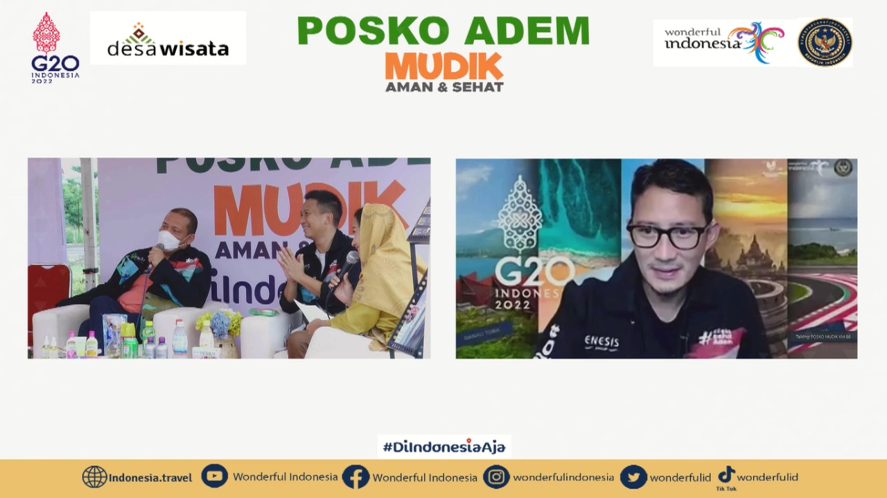 Menparekraf Sandiaga Uno menghadiri konferensi pers virtual Posko Adem Mudik Aman dam Sehat. 