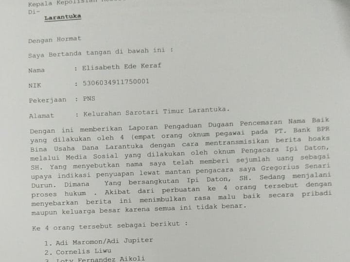 Bukti laporan pengaduan Lilis Keraf ke Polres Flotim. 