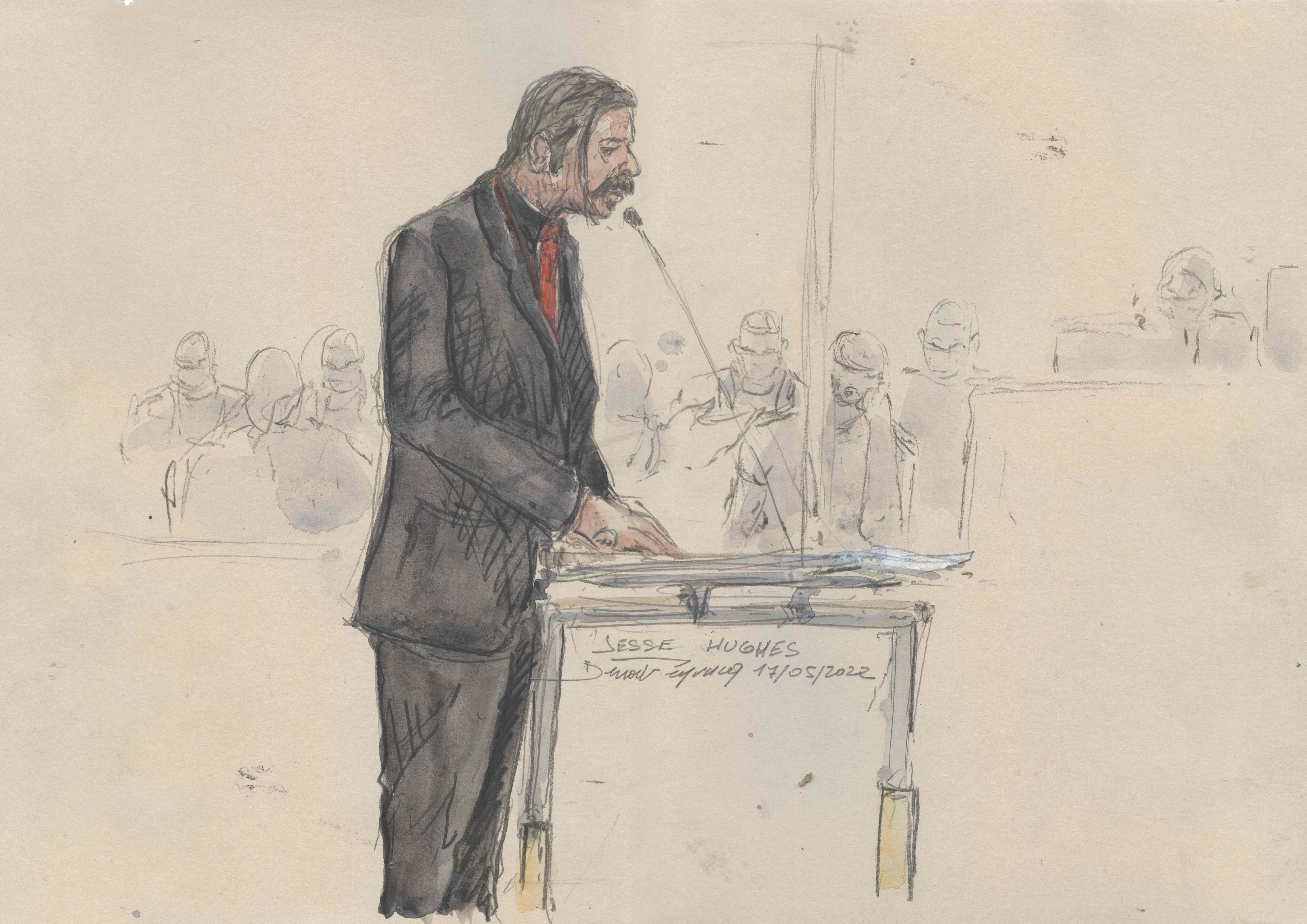 Sketsa satt vokalis Eagles of Death Metal Jesse Hughes memberi kesaksian tentang penembakan di Bataclan di pengadilan Prancis.