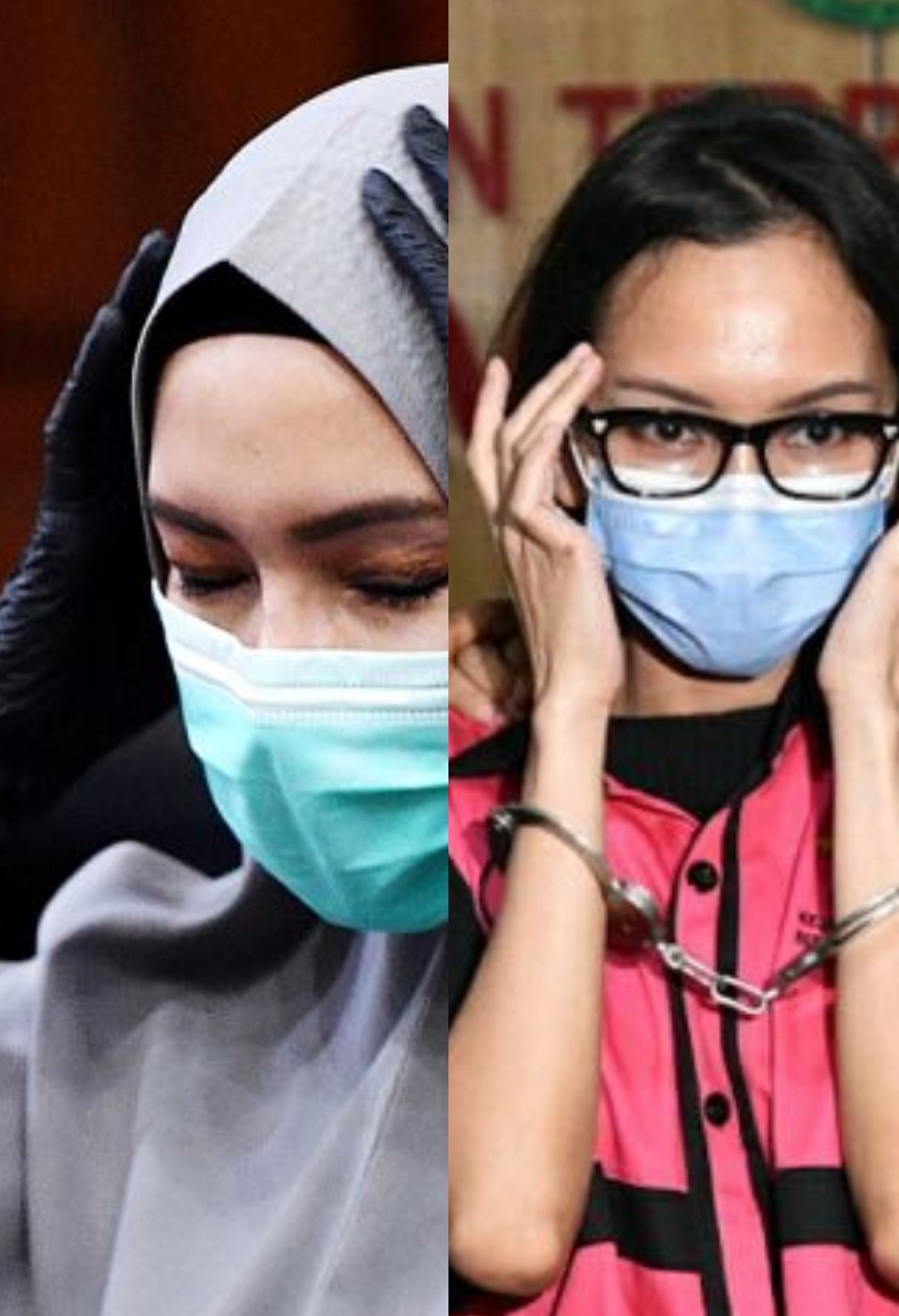 Mantan jaksa Pinangki  Sirna Malasari (kiri, saat sidang mengenakan antribut agama) dan saat ditangkap tak mengenakan atribut agama.