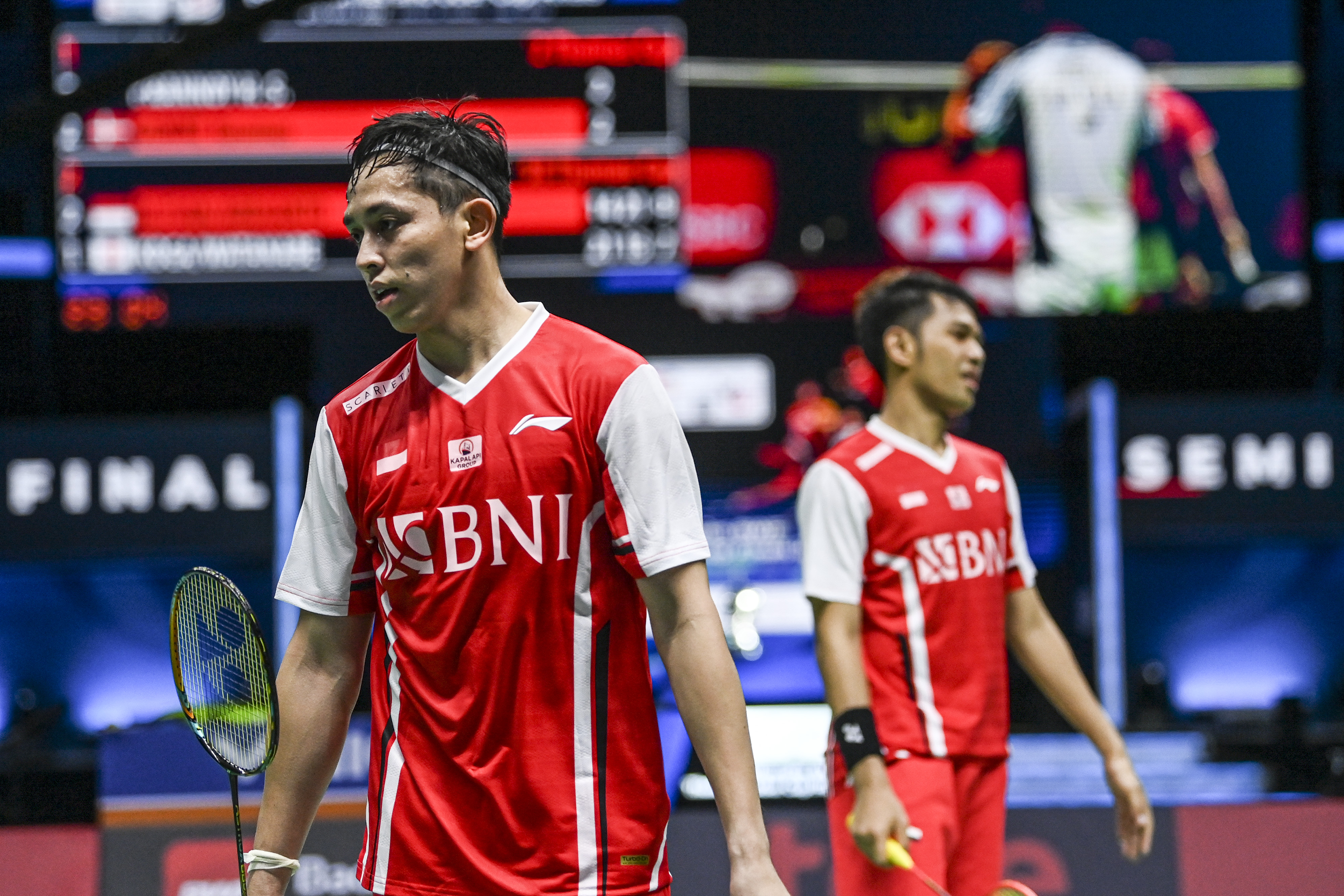 Pebulu tangkis Indonesia Fajar Alfian/Muhammad Rian seusai berlaga.