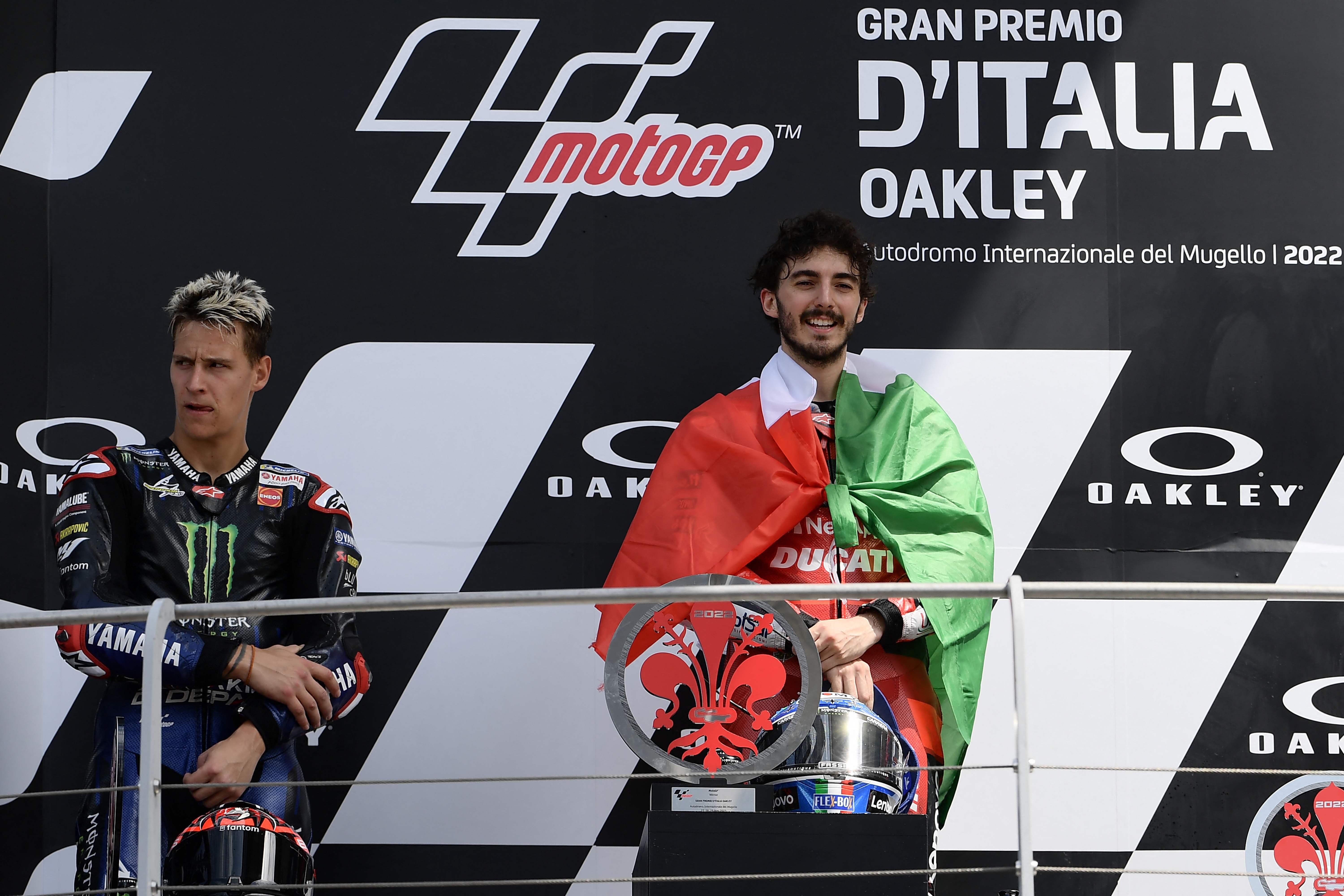Pembalap Ducati Francesco Bagnaian berada di podium utama GP Italia