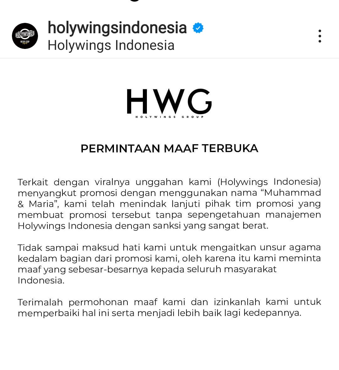 Tangkapan layar dari instagram holywingsindonesia