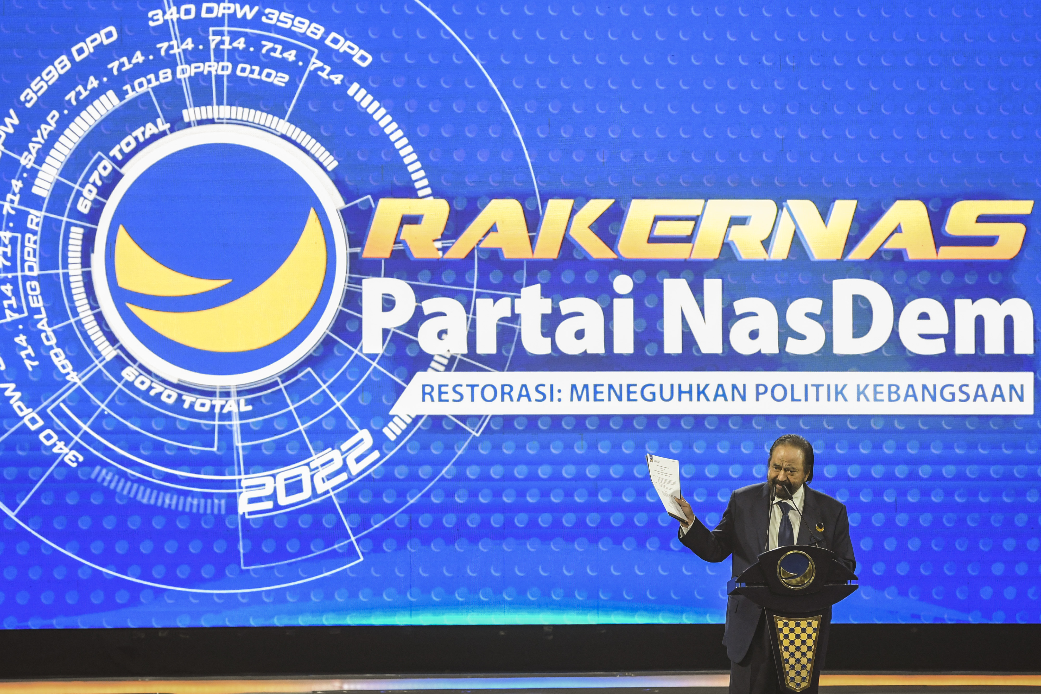 Ketum Partai NasDem Surya Paloh saat memberikan pidato.