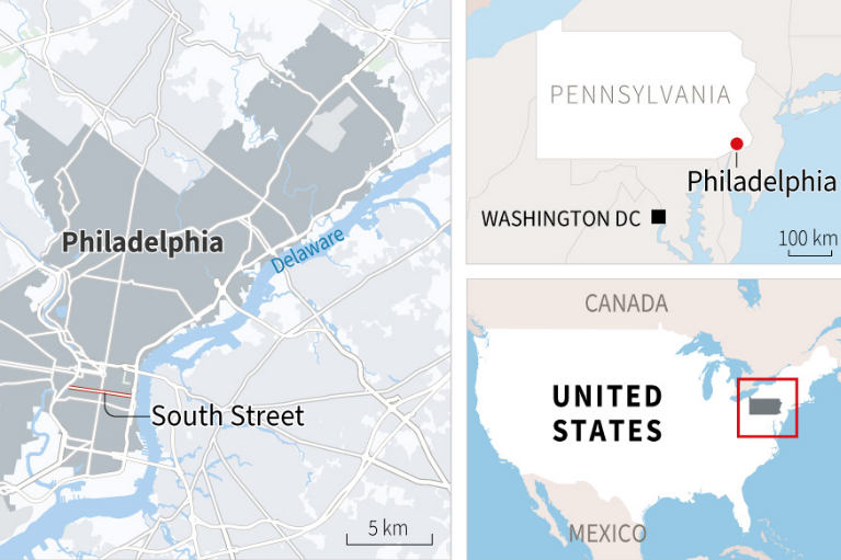 Peta Philadelphia menunjukkan South Street.