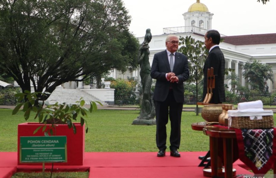 Presiden Joko Widodo dan Presiden Federasi Jerman Frank-Walter Steinmeier di halaman belakang Istana Bogor, Kamis (16/6).