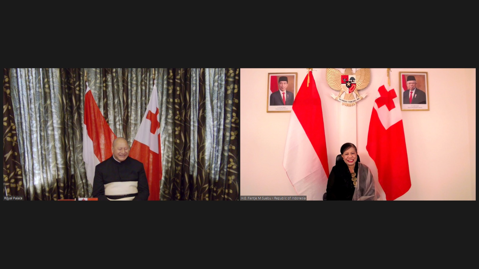 Pertemuan virtual Dubes Luar Biasa dan Berkuasa Penuh Republik Indonesia untuk Selandia Baru Fientje Maritje (kanan) dan Raja Tonga