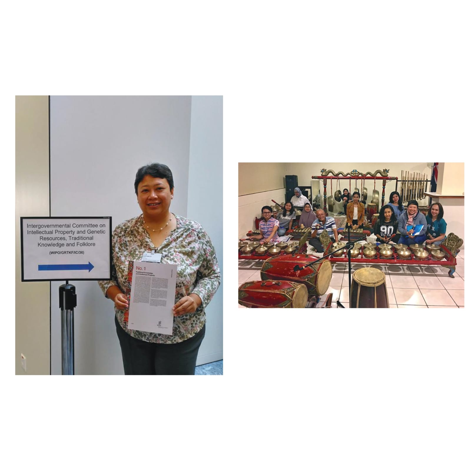 Field Work, WIPO IGC, Jenewa, Swiss, 2018 (kiri) dan Exploration, Gamelan Practice di Konsulat Jenderal RI, Darwin, 2017 (kanan).