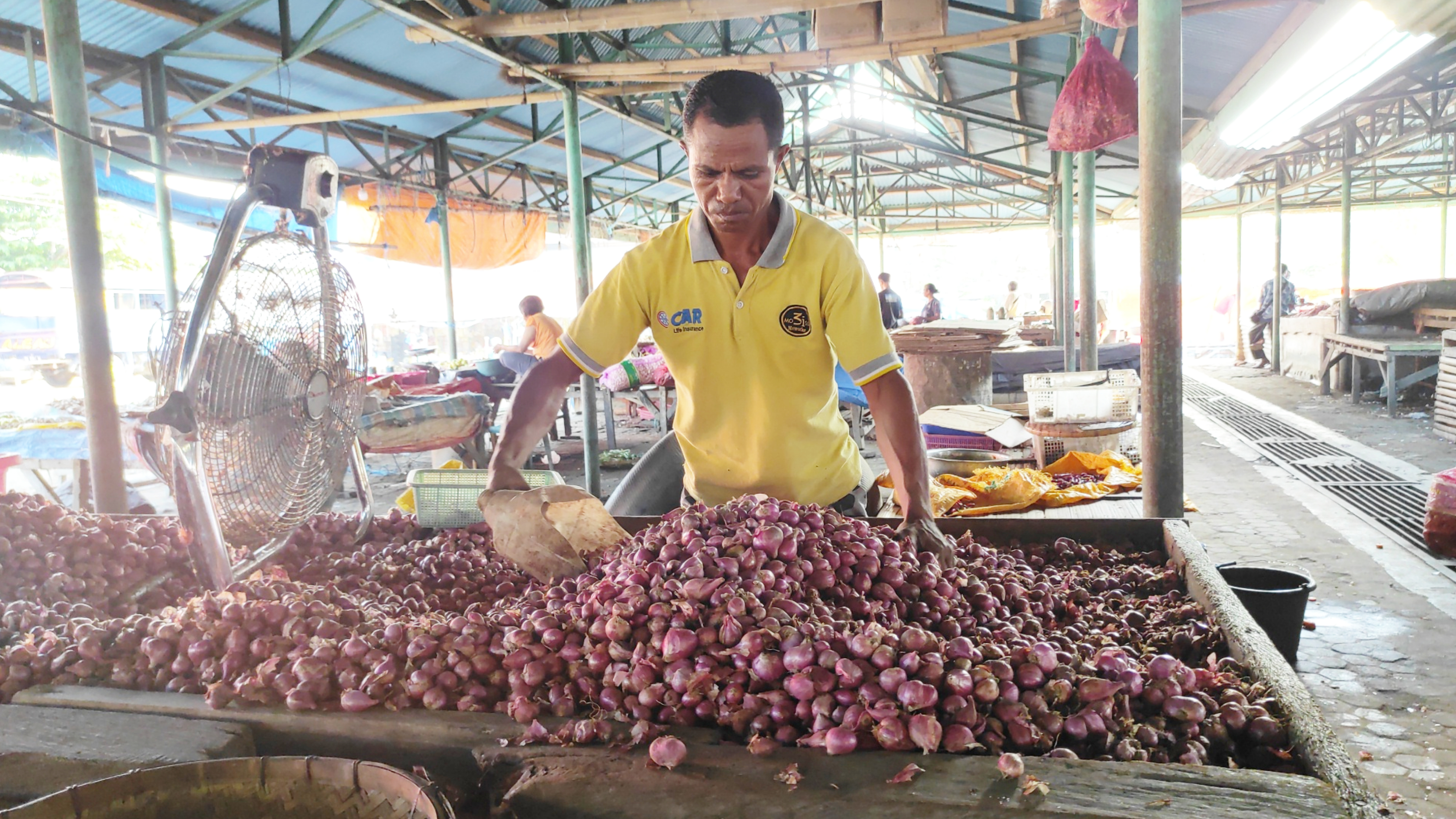 Pedagang bawang merah dan bawang putih di Pasar Alok, Maumere.