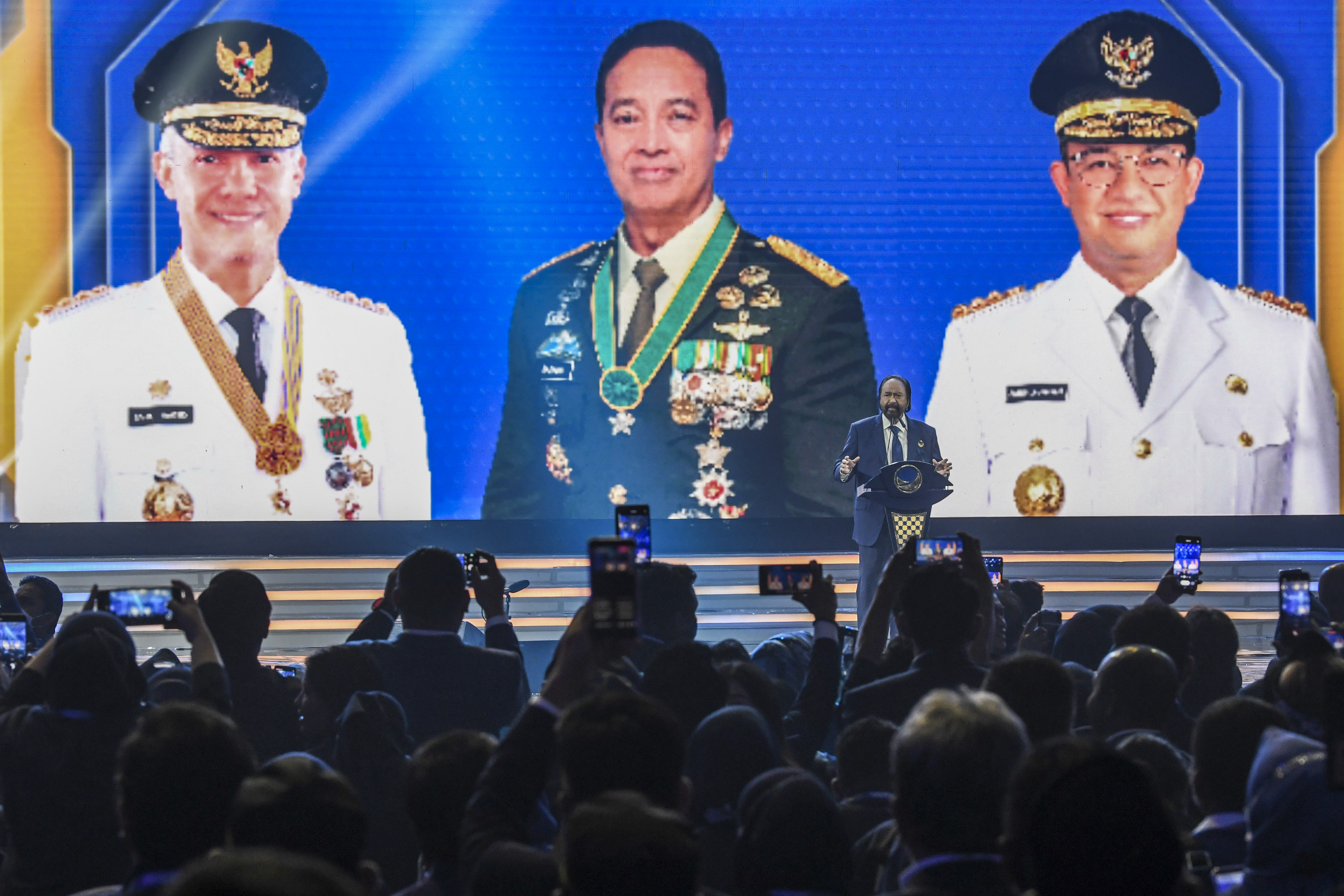 Ketua Umum Partai NasDem Surya Paloh saat membacakan rekomendasi Bakal Calon Presiden yang akan diusung NasDem