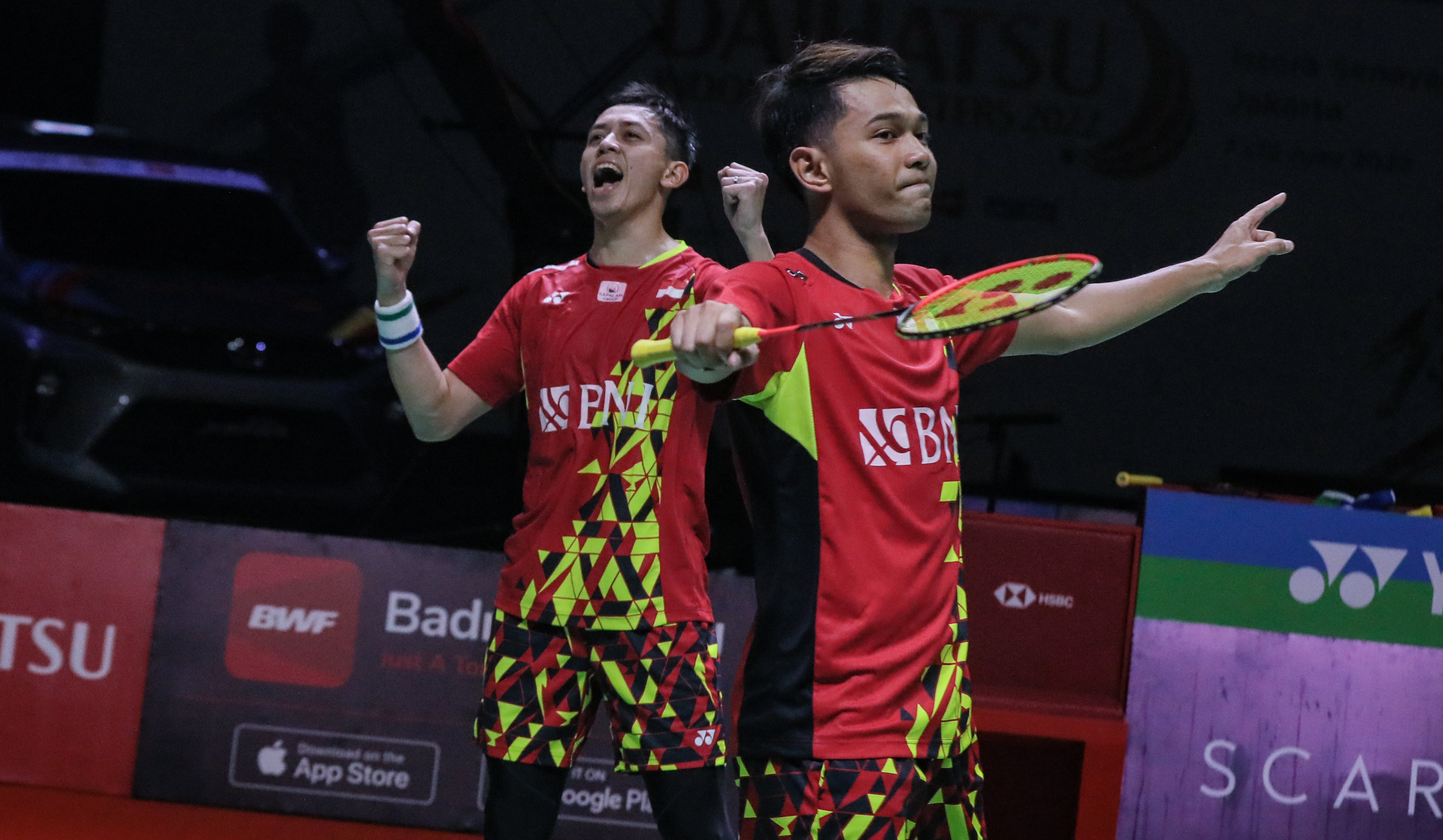 Ekspresi Fajar Alfian/Rian Ardianto setelah mengalahkan wakil Tiongkok di babak final Indonesia Masters.