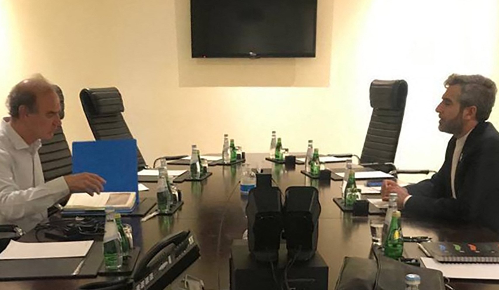 Kepala perunding nuklir Iran Ali Bagheri Kani (kanan) bertemu dengan koordinator pembicaraan nuklir Uni Eropa Enrique Mora di Doha.