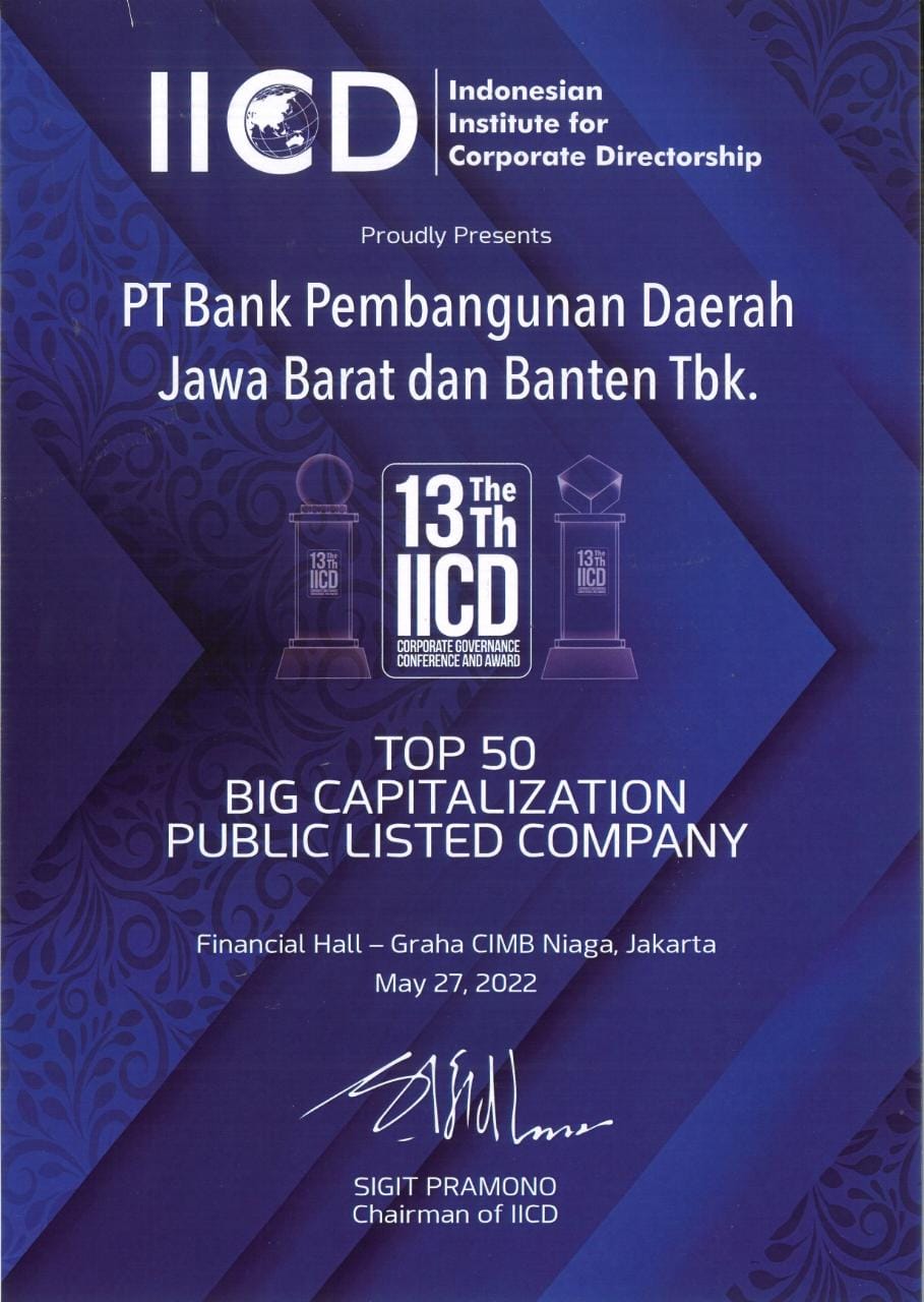 Bank bjb meraih penghargaan Top Top 50 Emiten dengan Kapitalisasi Pasar Terbesar (Big Cap PLCs).