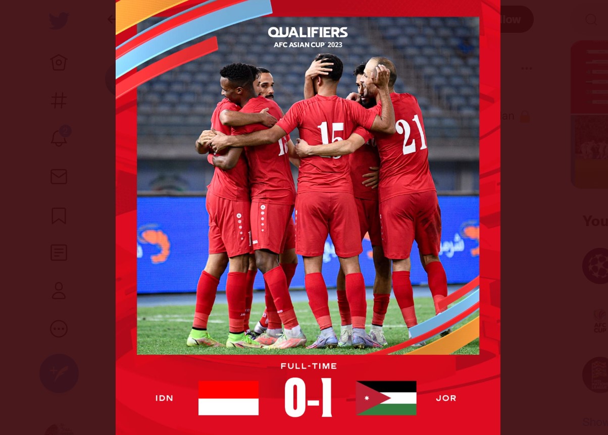 Indonesia menyerah 0-1 dari Yordania di laga kualifikasi Piala Asia 2023.