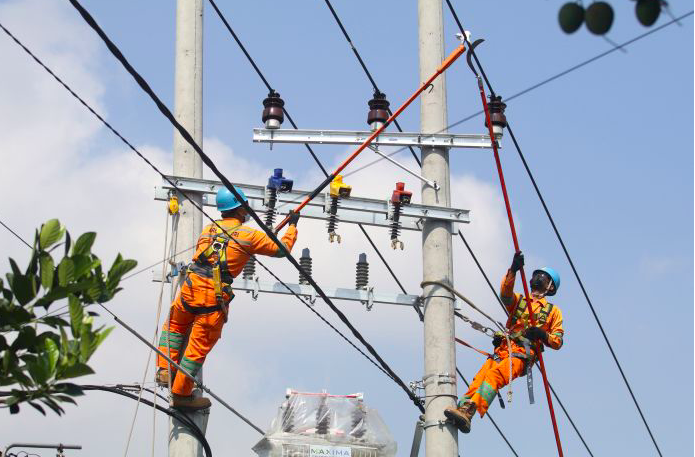 Petugas PLN saat melakukan perawatan pada jaringan listrik di wilayah Jawa Timur.