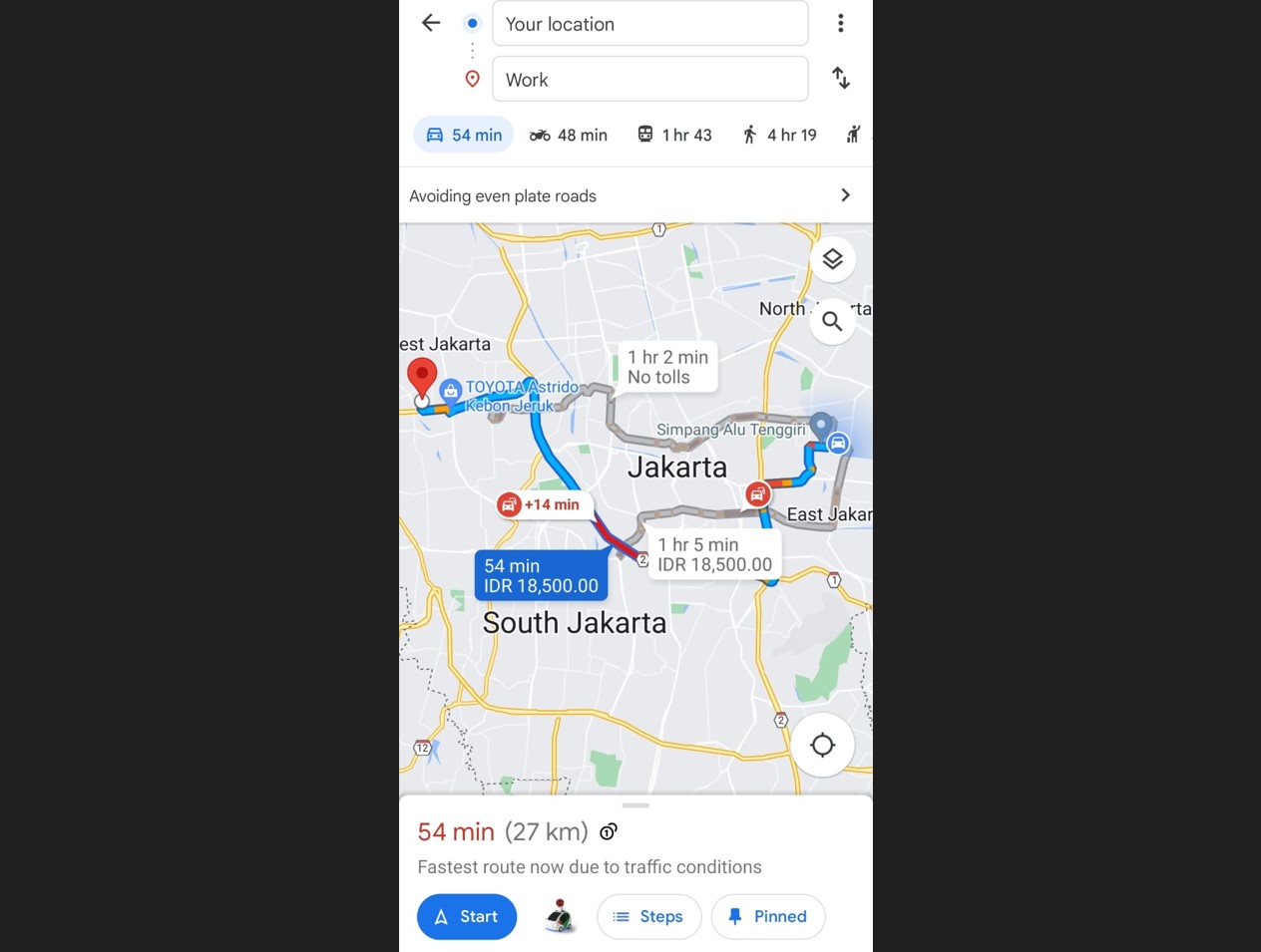 Tangkapan layar Google Maps yang memperlihatkan tarif tol.