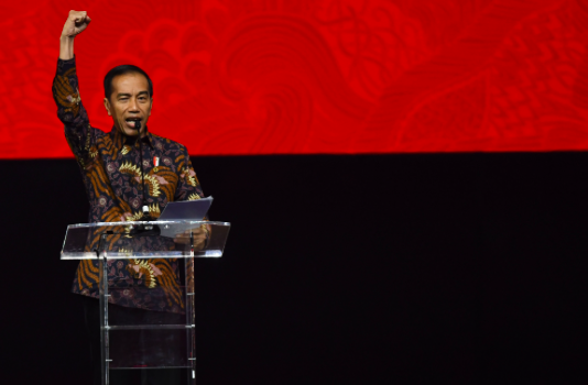 Presiden Joko Widodo menyampaikan sambutan dalam peresmian pembukaan Rapat Kerja Nasional (Rakernas) I PDI Perjuangan di Jakarta.