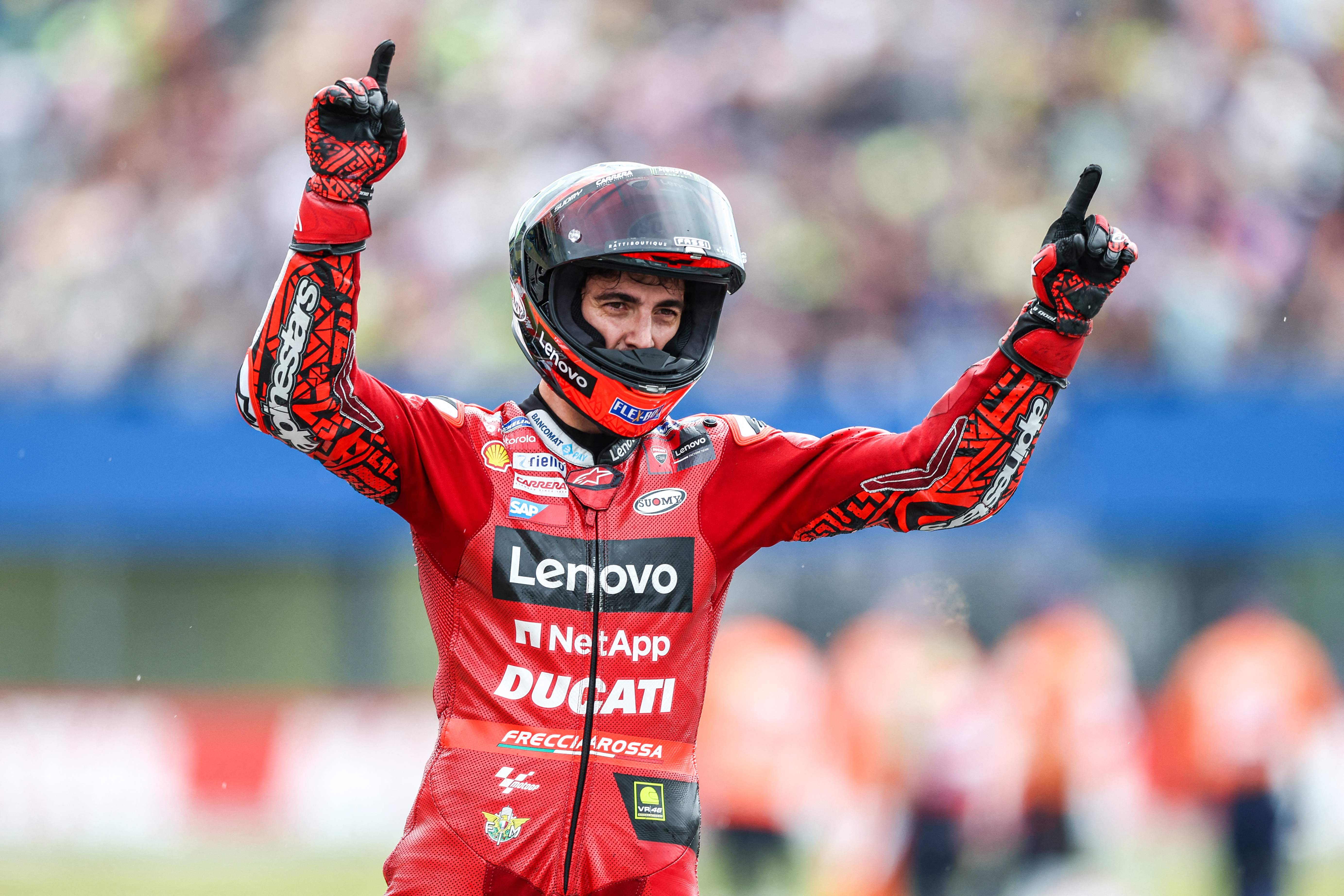 Ekspresi Francesco Bagnaia setelah memenangi MotoGP Belanda, Minggu (26/6).