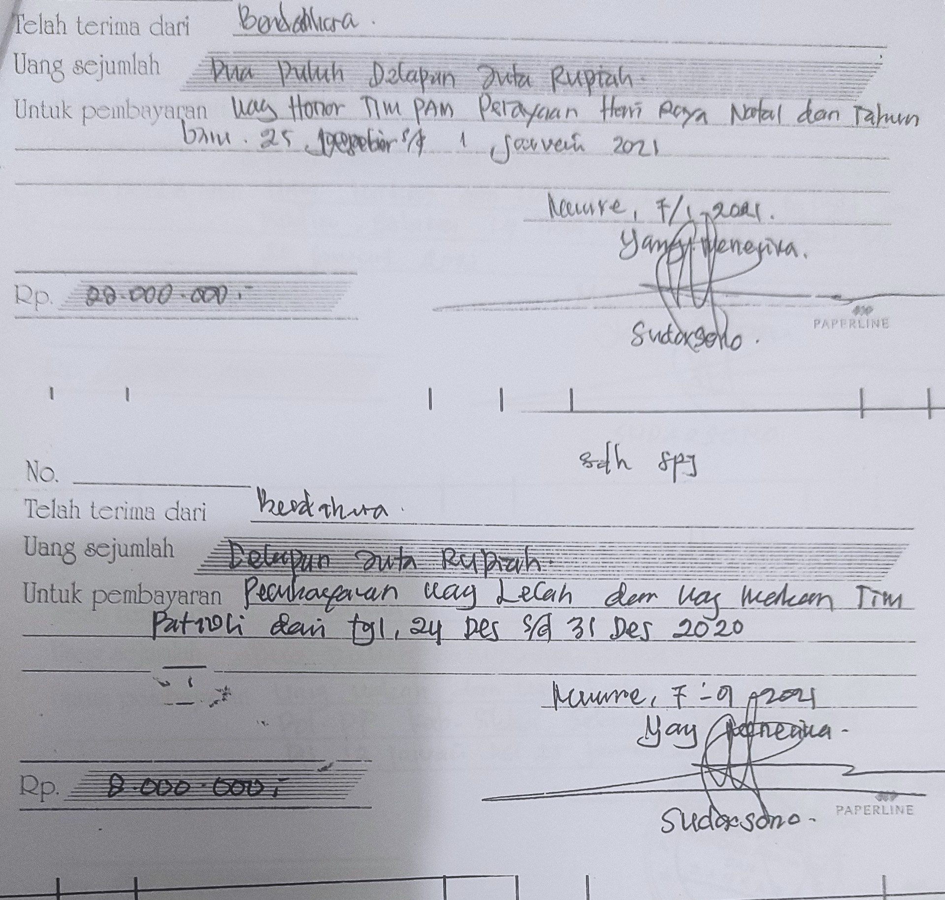 Bukti tanda terima uang dari bendahara BPBD Kabupaten Sikka kepada sejumlah instansi mulai Satpol PP, TNI/Polri total sekitar Rp260 juta