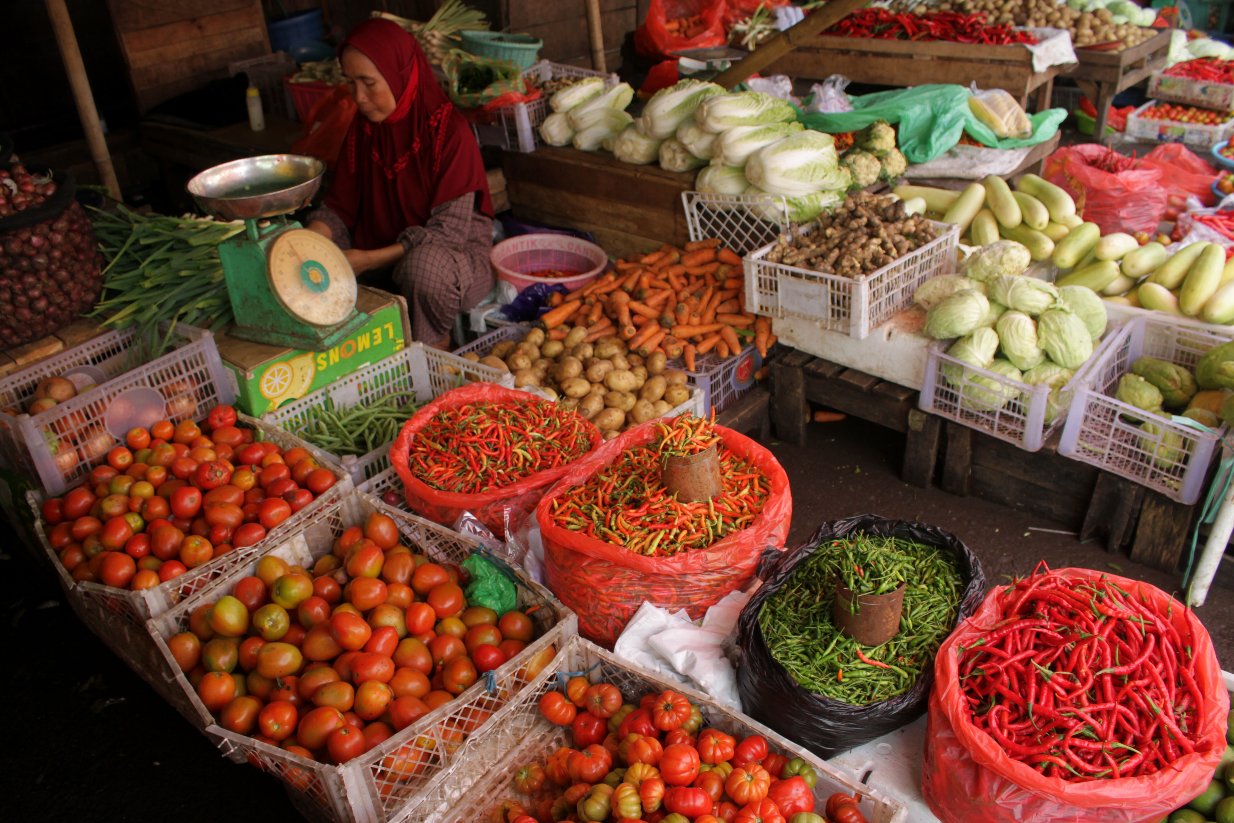  Pedagang membersihkan cabai rawit di Pasar Terong Makassar, Sulawesi Selatan. 