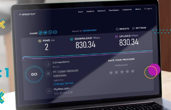 Pengetesan kecepatan upload MyRepublic di aplikasi Speedtest