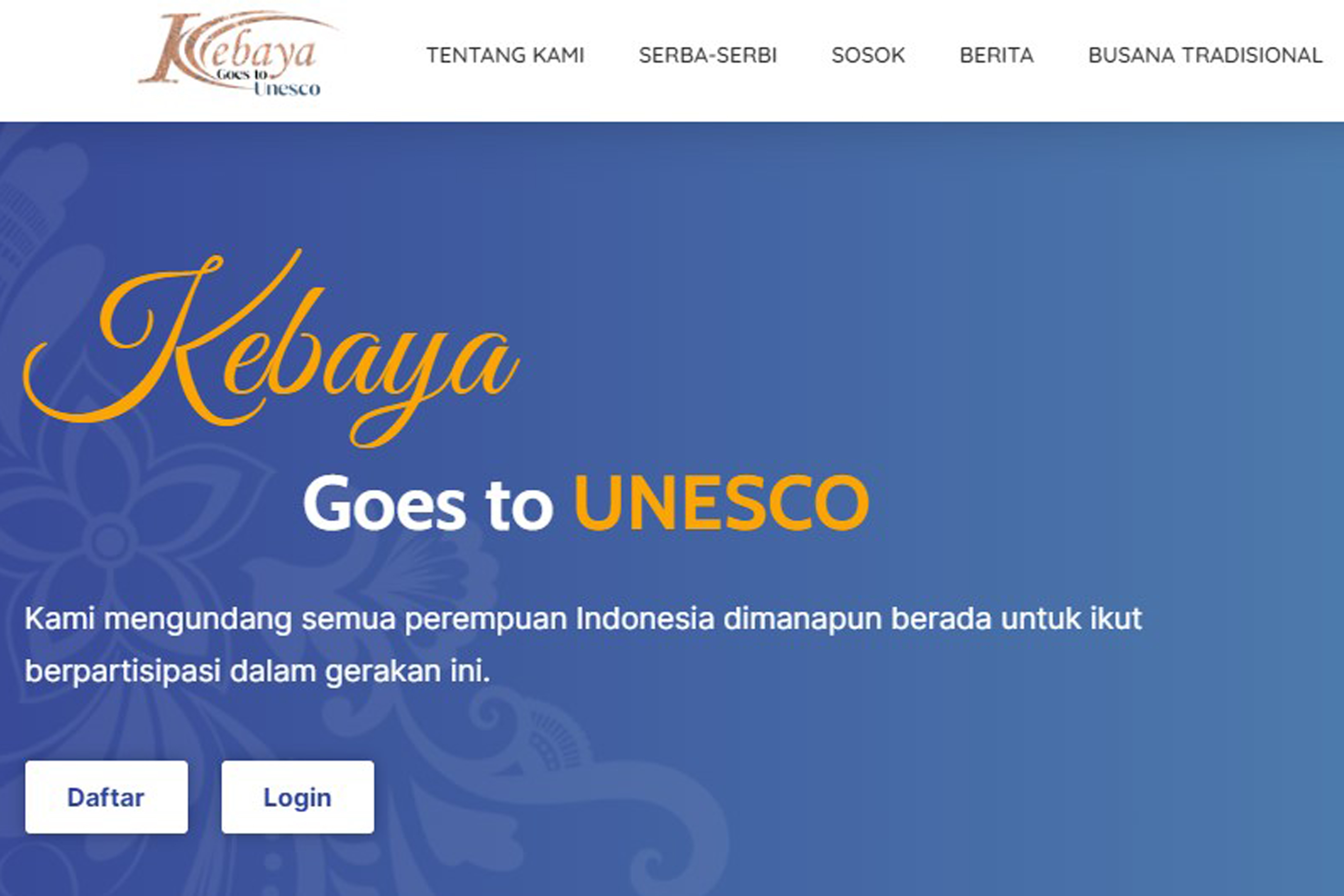 Tampilan muka situs Tradisi Kebaya.