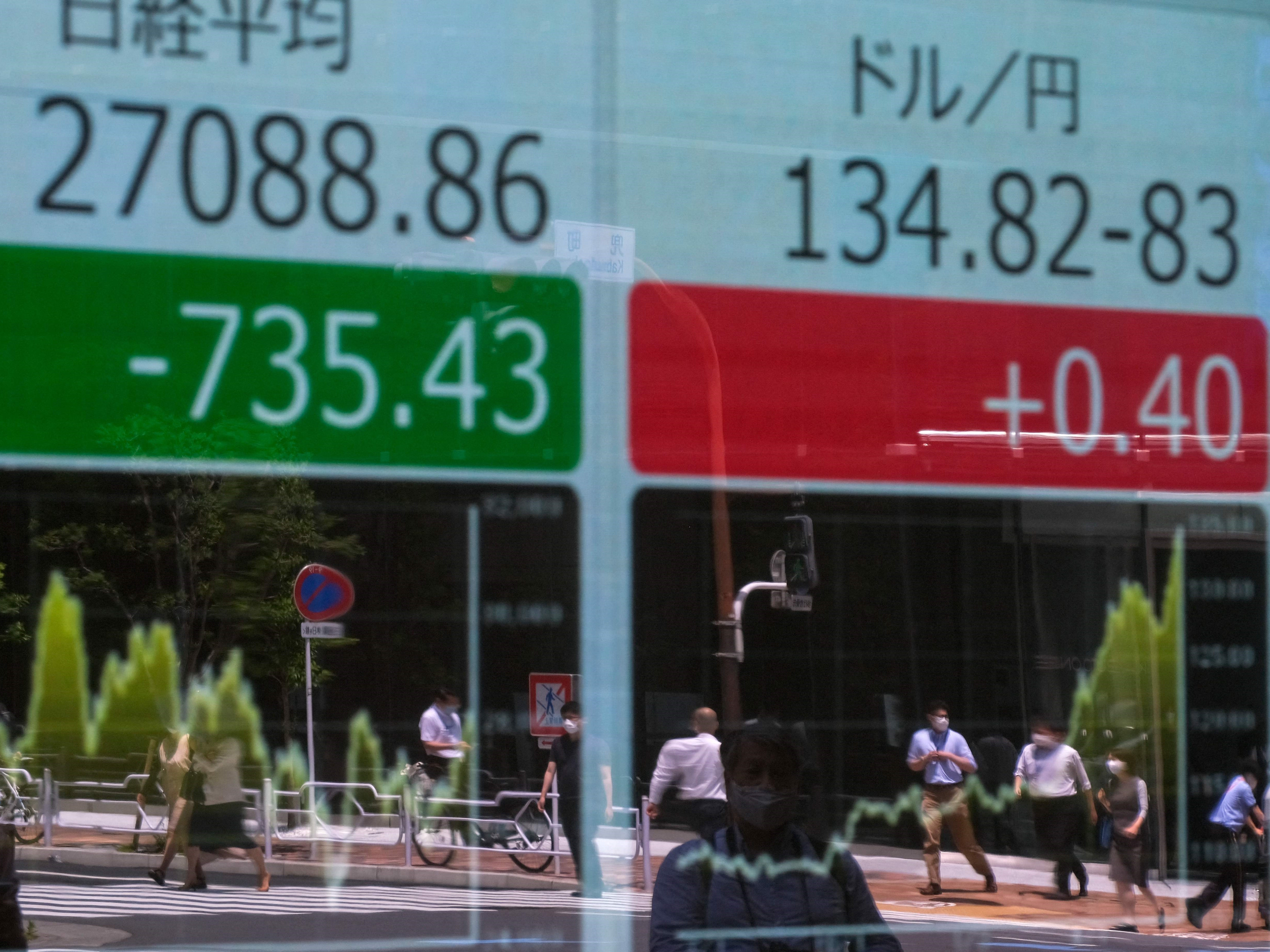 Pejalan kaki terlihat di papan harga saham elektronik (kiri) dan papan valuta asing di Tokyo, Jepang, 13 Juni 2022.