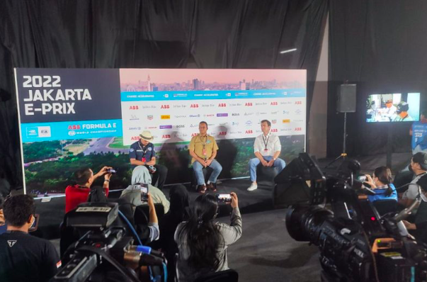 Suasana konferensi pers di Media Center Jakarta International E-Prix Circuit (JIEC) Ancol, Pademangan, Jakarta Utara, Jumat (3/6/2022). 