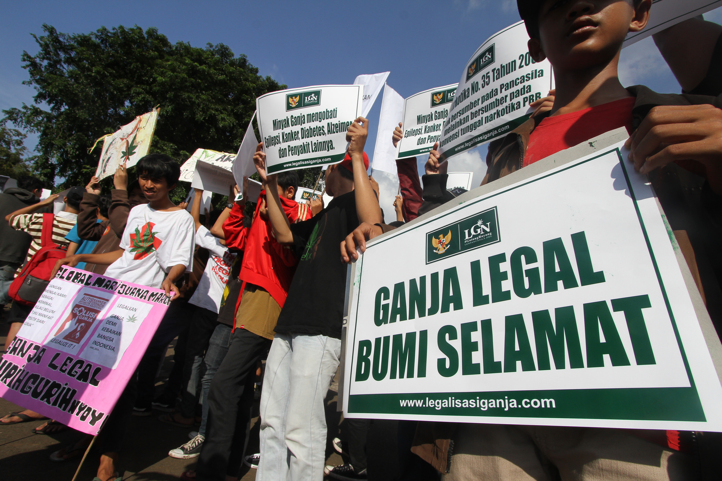 Sejumlah aktivis yang tergabung dalam Lingkar Ganja Nusantara melakukan aksi damai Global Marijuana March di depan Istana Negara, Jakarta.