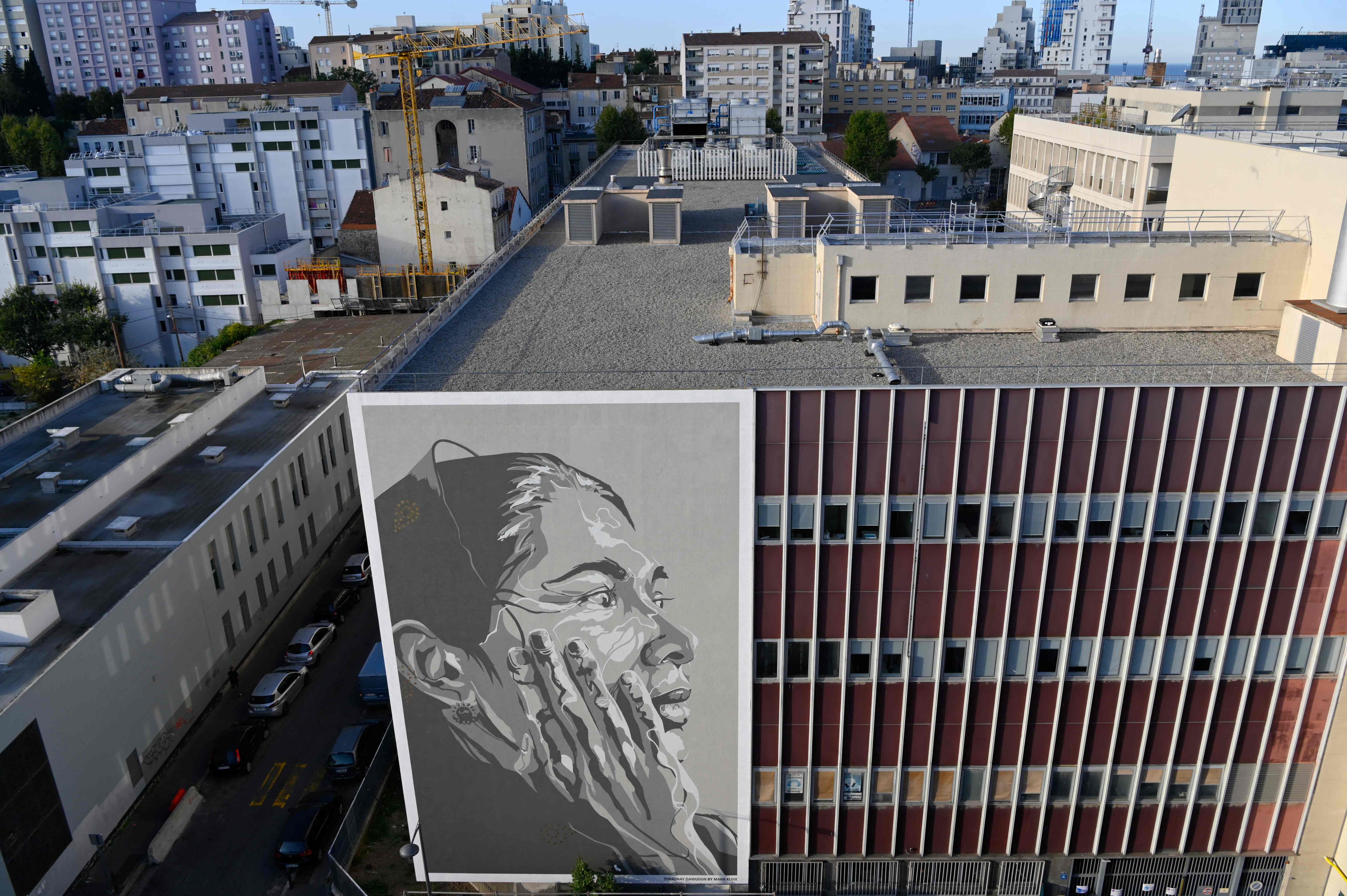  Mural yang dilukis seniman Prancis Mahn Kloix, menggambarkan kekejaman yang dialami Tursunay Ziawudum, mantan tahanan Uighur.