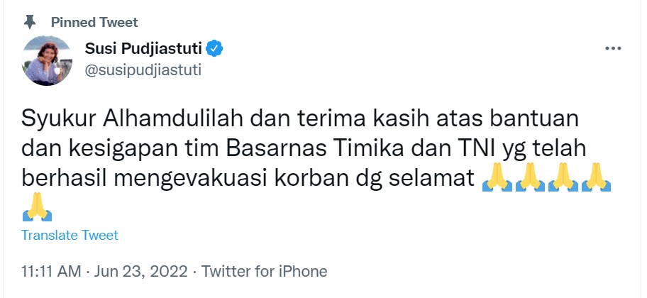 Cuitan pemilik Susi Air, Susi Pudjiastuti, yang menginformasikan bahwa seluruh penumpang pesawat yang jatuh selamat.