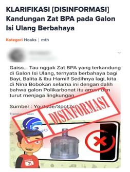 Kemenkominfo mencabut label “Disinformasi” terhadap berita terkait bahaya kandungan zat kimia Bisfenol A (BPA) pada kemasan plastik keras.