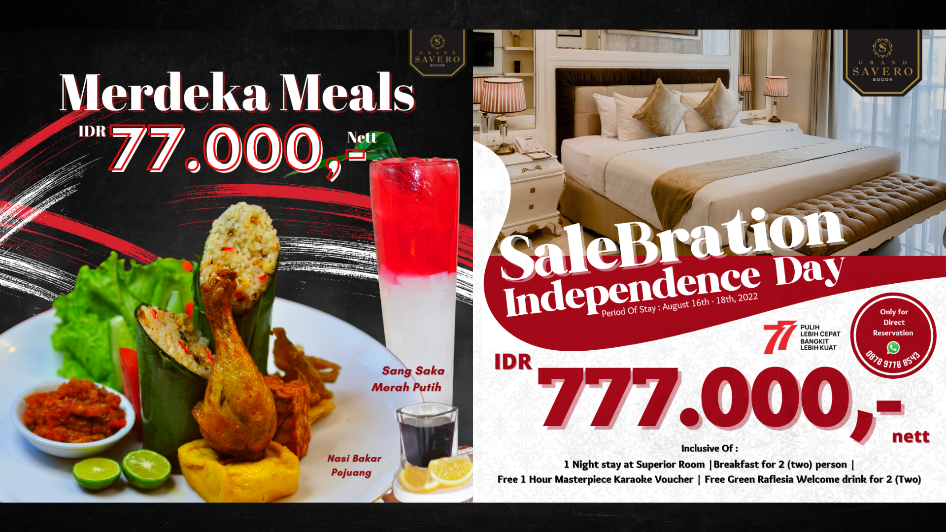 Dalam rangka memperingati HUT ke-77 RI, Hotel Grand Savero Bogor menawarkan diskon spesial untuk tamu yang ingin memesan kamar hotel.