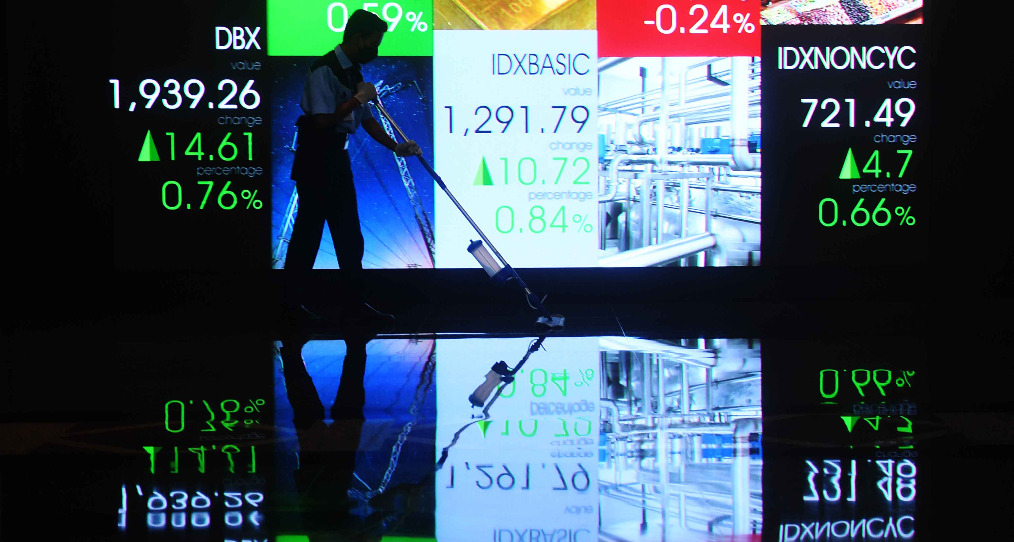 Petugas kebersihan melintasi layar digital pergerakan saham di Bursa Efek Indonesia, Jakarta, Jumat (24/6/2022)