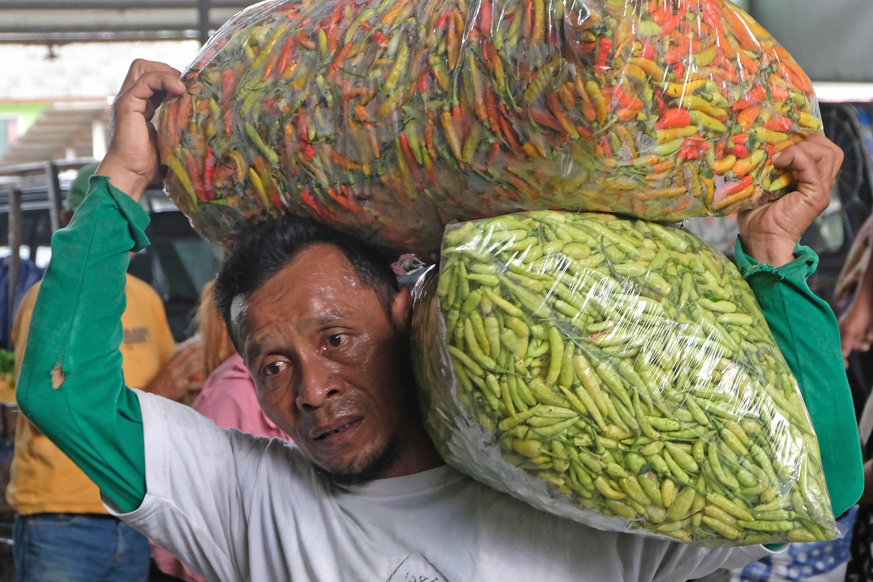 Pekerja memanggul cabai rawit di terminal agribisnis wilayah Magelang, Jawa Tengah.