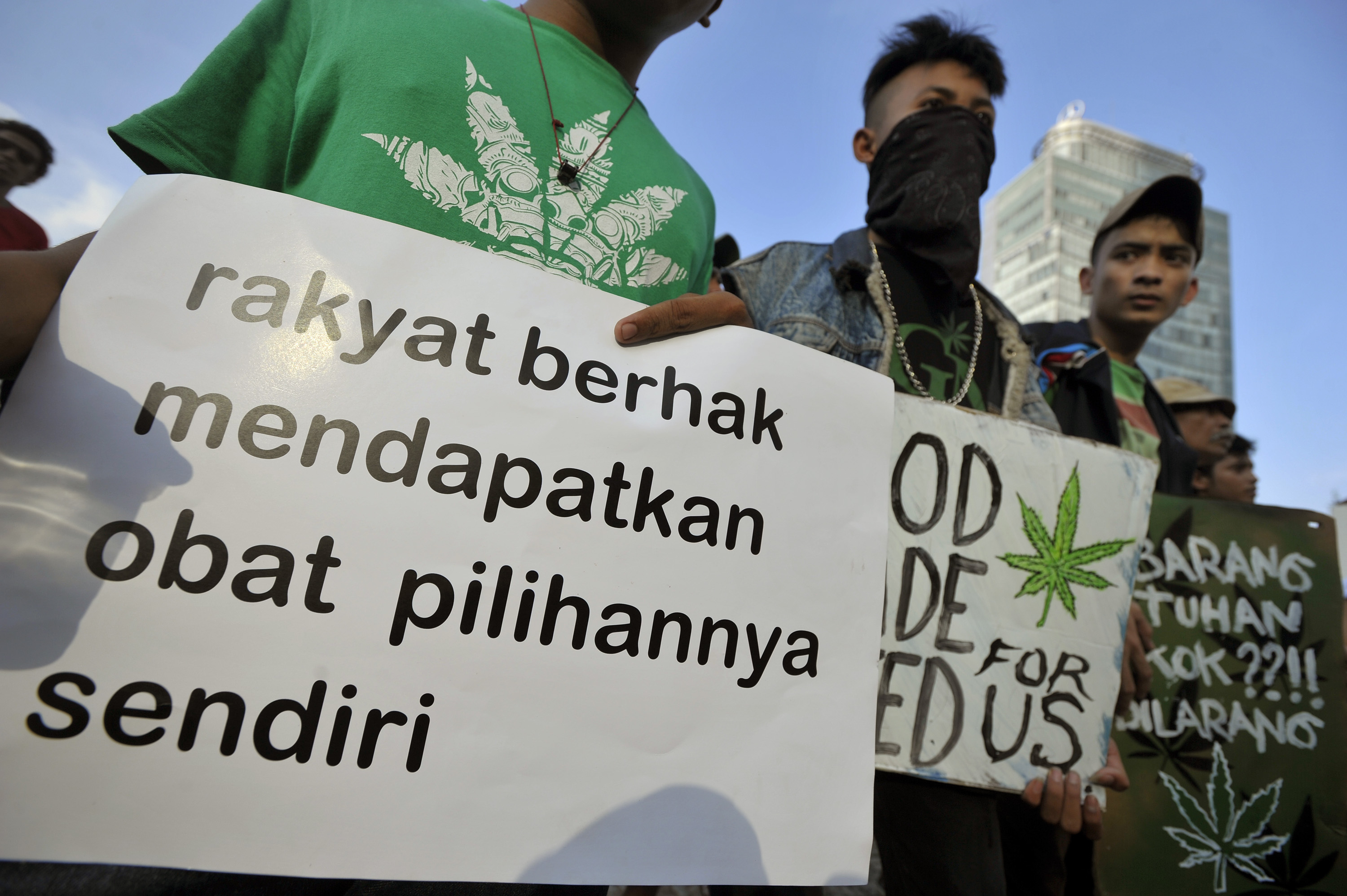 Aktivis dari Lingkar Ganja Nusantara (LGN) melakukan aksi damai tentang pemanfaatan ganja di Bundaran HI, Jakarta