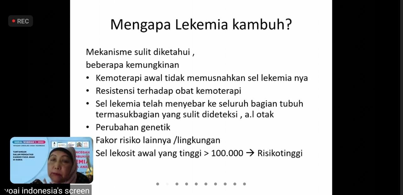 dr. Lelani Reniarti SpA(K) pada Seri Webinar Yayasan Onkologi Anak Indonesia (YOAI) pada Sabtu (16/7).