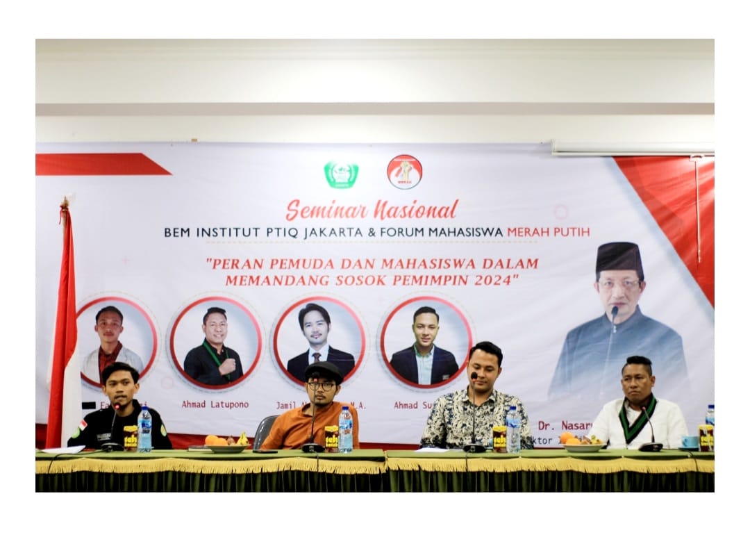 Seminar bertema 'Peran Pemuda dan Mahasiswa dalam Memandang Sosok Pemimpin 2024' di Institut PTIQ, Cilandak, Jakarta, Sabtu (30/7).