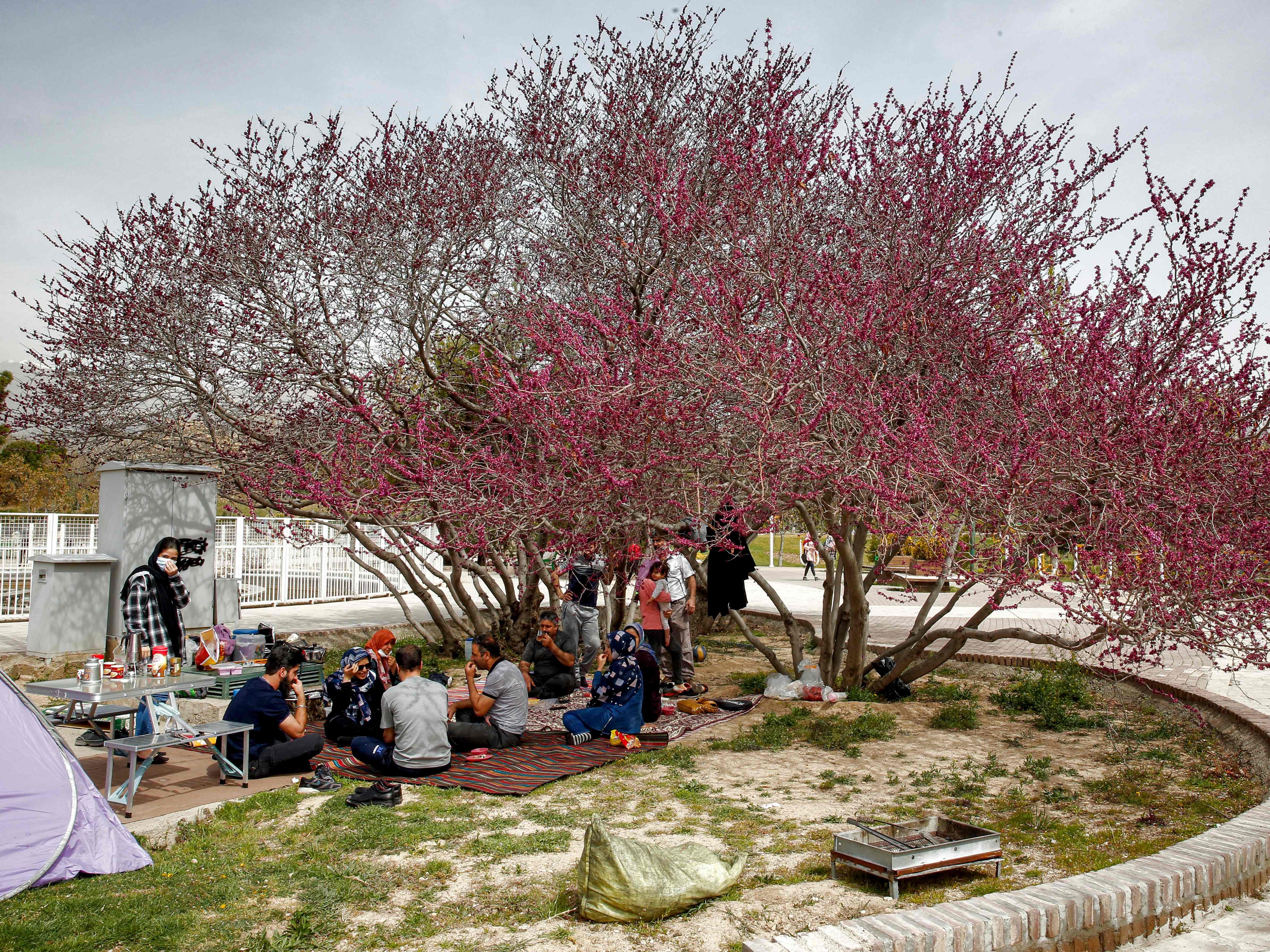 Orang-orang berkumpul di taman di utara ibu kota Iran, Teheran, pada 2 April 2022.